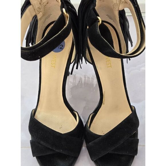 Nine West Hustle Womens Size 7.5M Black Fringe Ankle Strap Heel - Picture 6 of 8